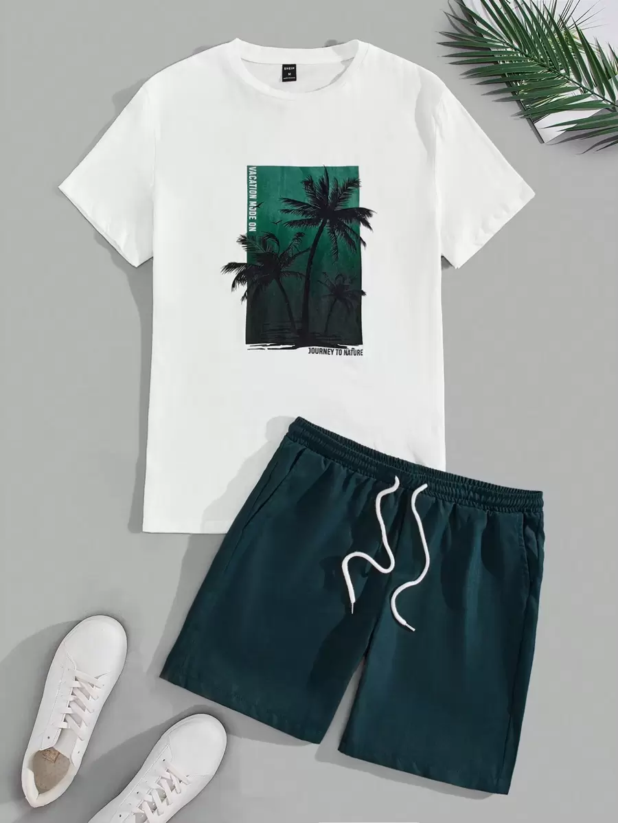 Manfinity VCAY Uomo lettere con stampa tropicale Maglietta & con coulisse a vita Shorts