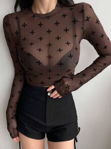 DAZY 幾何印花短款網紗上衣不附胸罩 - 咖啡棕 - 查看 7