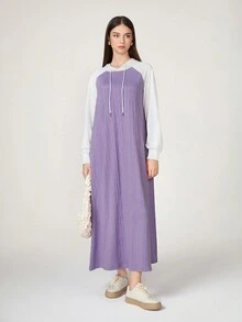Mulvari Two Tone Raglan Sleeve Drawstring Hooded Dress - Purple - View 6