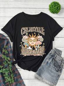 SHEIN EZwear Cộng với áo thun họa tiết mặt trời và chữ cái - màu đen - Xem 1