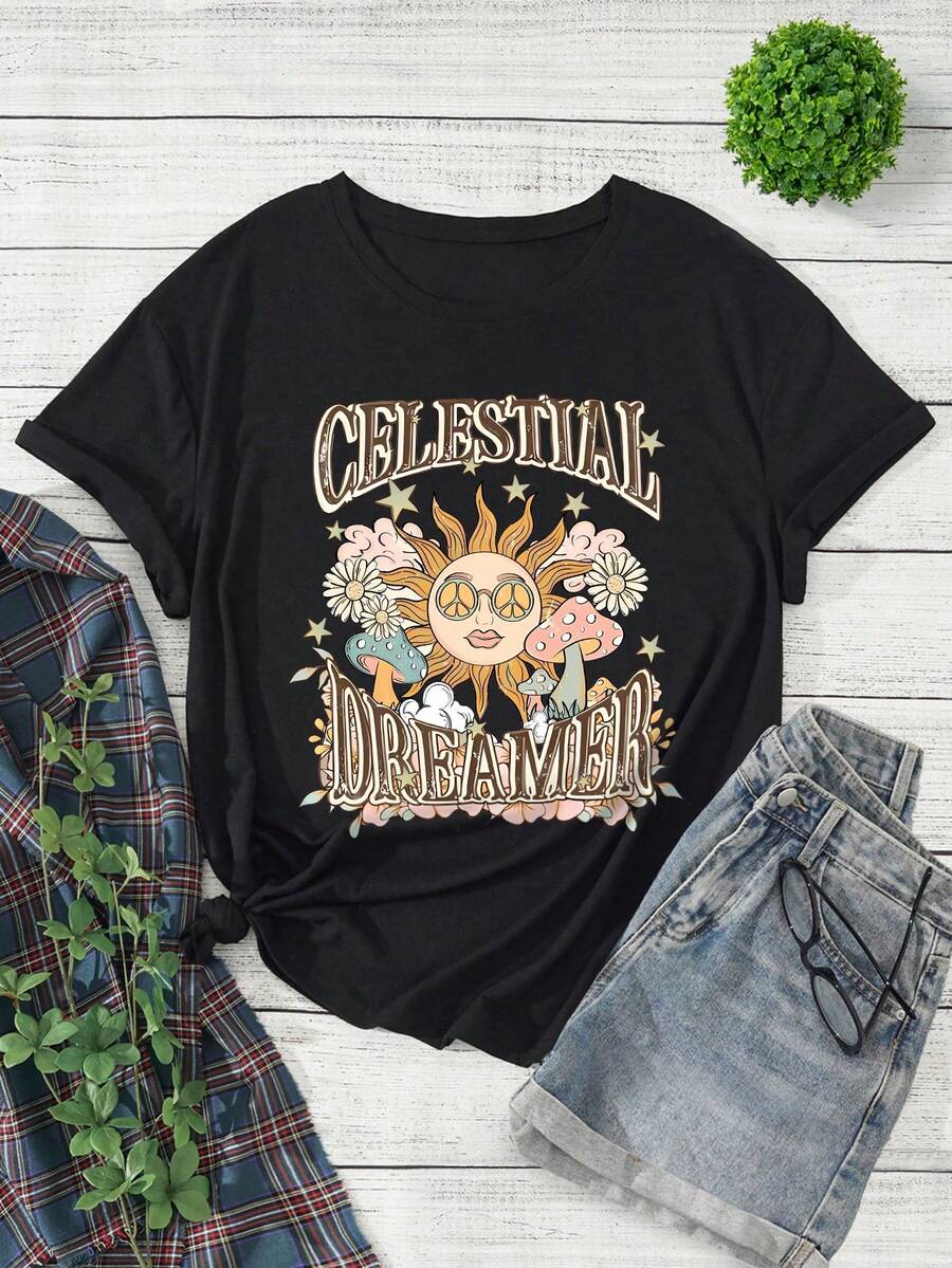 SHEIN EZwear Cộng với áo thun họa tiết mặt trời và chữ cái - màu đen - Xem 1