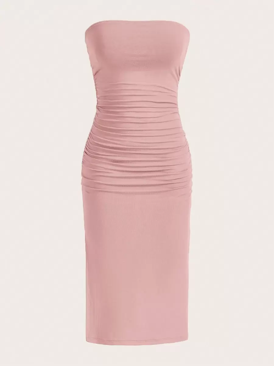 SHEIN EZwear Summer Sakura Powder Solid Ruched Split Thigh Tube Bodycon Dress - Pink - View 1