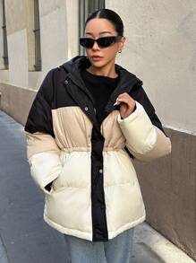 DAZY Abrigo de color combinado de hombros caídos con capucha fumador grueso bolsillos - Multicolor - Ver 6