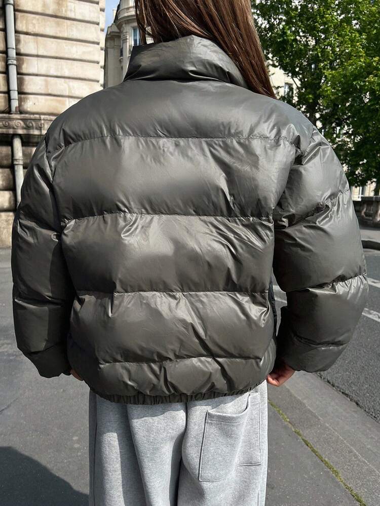 Letter Graphic Zip Up Puffer Thick Pockets Coat ,Winter Women Clothes,Winter Coat Women Jacket