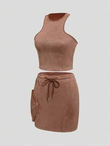 SHEIN Unity 素色背心上衣&腰部抽繩半身裙 - 駝色 - 查看 3