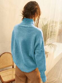 Knit Mix 优雅女士高领宽松针织毛衣，适合秋冬季节穿着，加厚长袖套头衫，复古风格，适合圣诞节、新年、感恩节、情人节、返校季、冬季、秋季等场合。 - 淺藍色 - 查看 3