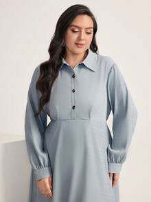 Mulvari Plus Solid Button Front Shirt Dress - Dusty Blue - View 5
