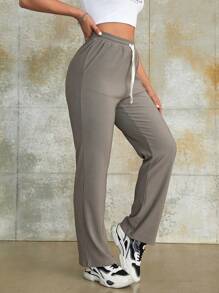 High Waist Drawstring Waist Slant Pocket Straight Leg Pants - Grey - View 4