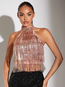 SHEIN BAE Women's Sleeveless Tank Top For Summer With Tassel And Sparkly Sequins - Pink - View 4