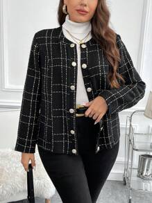 SHEIN Clasi Hơn Hoa văn kẻ sọc Nút phía trước Áo khoác - màu đen - Xem 1