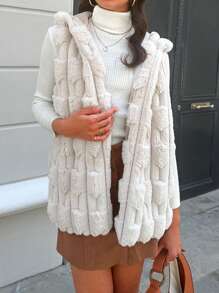 SHEIN Cottnline Solid Hooded Fuzzy Vest Coat - Apricot - View 4