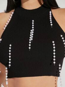 Hauture Pearls Beaded Crop Halter Knit Top - Black - View 4