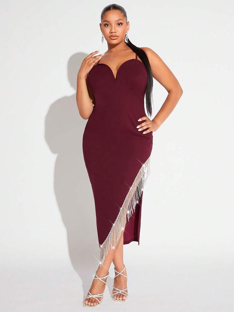 Plus Size Red Tank Dress With Rhinestone Fringe Hem And High Side Slit, Sexy Outfit For Club And Valentine's Day