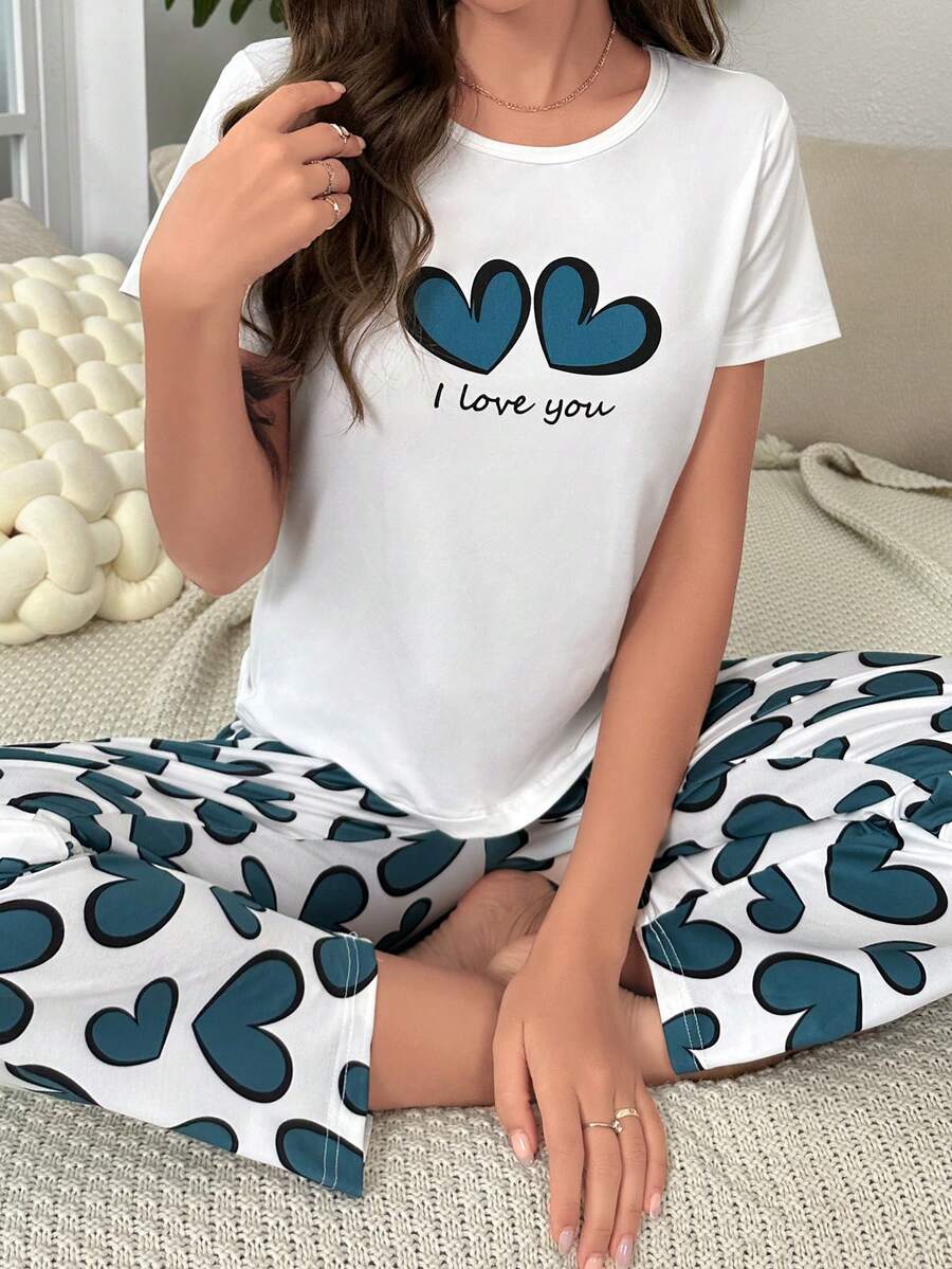 Heart & Slogan Graphic PJ Set - White - View 1