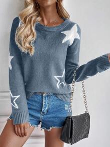 EMERY ROSE 星星圖案落肩毛衣 - 藍白色 - 查看 3