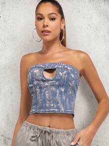 SHEIN Unity Cut Out Tube Metallic Denim Crop Top - Medium Wash - View 1