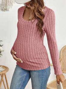 SHEIN Maternity Ribbed Knit Scoop Neck Tee - Pink - View 1