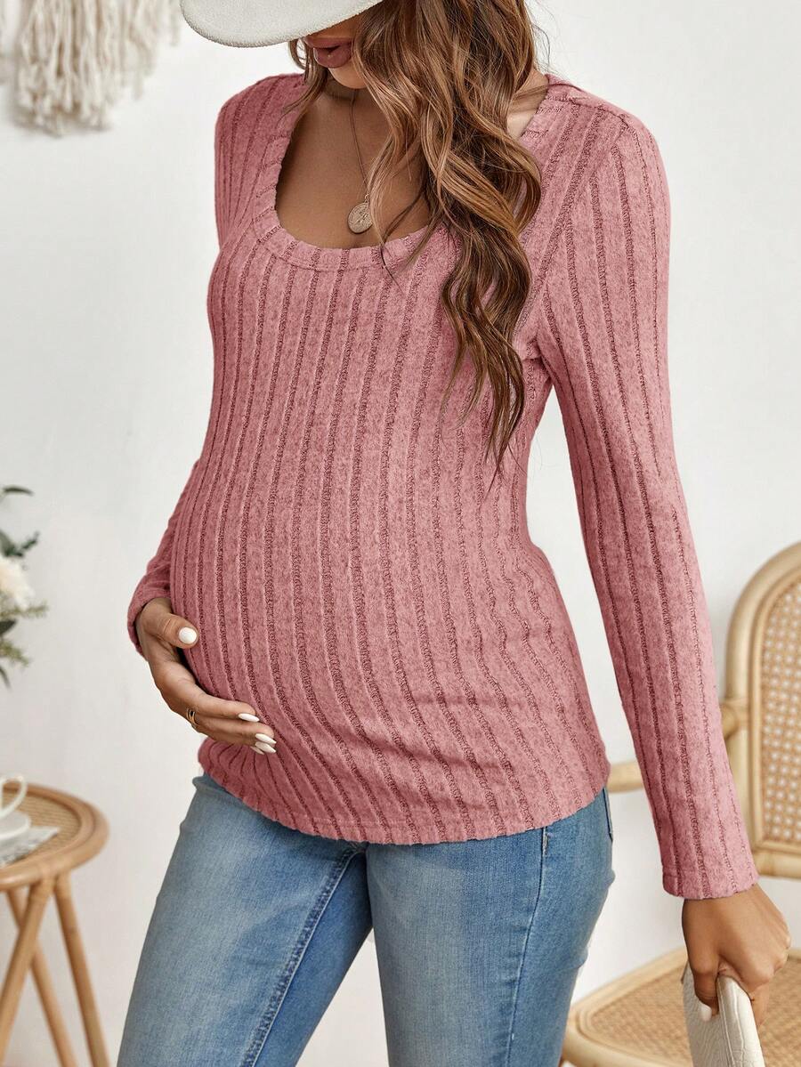 SHEIN Maternity Ribbed Knit Scoop Neck Tee - Pink - View 1