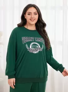 Mulvari Plus Letter Graphic Drop Shoulder Sweatshirt Pullover Fall Sweatshirt - Dark Green - View 4
