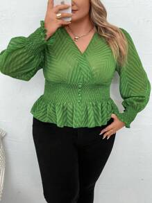 SHEIN CURVE+ Plus Surplice Neck Lantern Sleeve Peplum Blouse - Green - View 7
