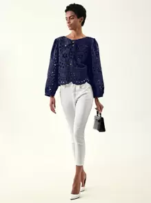 GENKIRA Áo cánh khoét lỗ thêu buộc cổ - Màu xanh hải quân - Xem 4