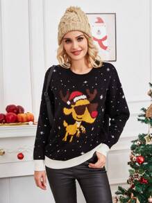 Nemons Jersey con patrón de Navidad de hombros caídos
