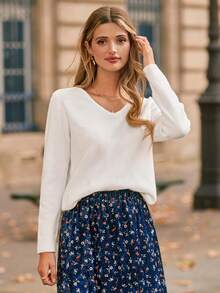 SHEIN Frenchy Ren tương phản Nơ phía sau Áo len - trắng - Xem 5