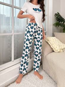 Heart & Slogan Graphic PJ Set - White - View 5