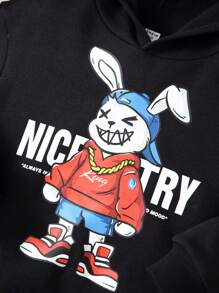 SHEIN 男小童寬鬆可愛兔子卡通字母圖案落肩袖連帽衫,秋天和冬天 - 黑色 - 查看 6