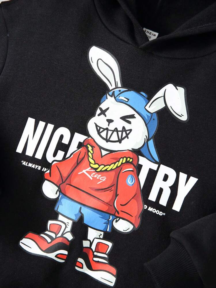 Young Boy Loose Fit Cute Rabbit Cartoon Letter Print Drop Shoulder Sweatshirt, Autumn And Winter