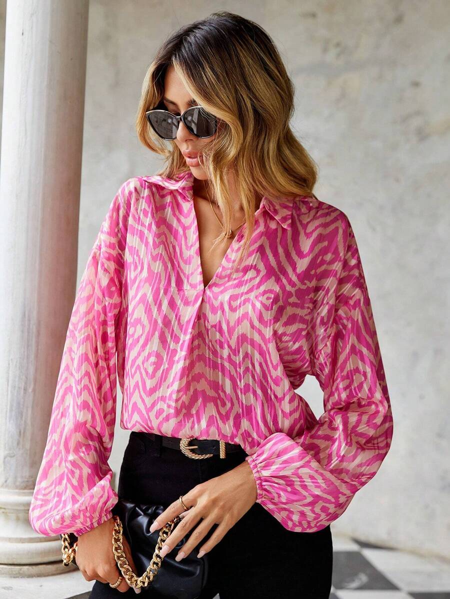 SHEIN Cottnline Allover Print Lantern Sleeve Blouse - Pink - View 1