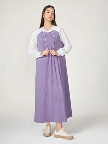 Mulvari Two Tone Raglan Sleeve Drawstring Hooded Dress - Purple - View 5