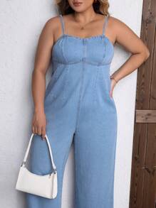 SHEIN ICON Plus Wide Leg Denim Cami Jumpsuit - Blue - View 5