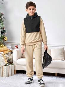 SHEIN 男大童雙色半拉鏈連帽衫和運動褲 - 彩色 - 查看 1