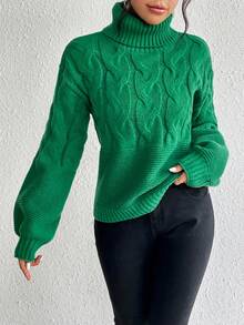 SHEIN Essnce Turtleneck Cable Knit Drop Shoulder Sweater - Green - View 6