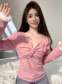 DAZY 纯色扭纹前开襟 T 恤，秋季长袖女式上衣 - 粉色 - 查看 3