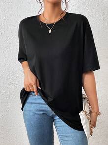 SHEIN Essnce Letter Graphic Drop Shoulder Tee - Black - View 2