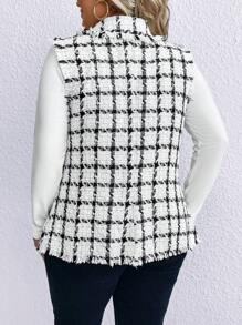 SHEIN LUNE Plus Plaid Pattern Raw Trim Vest Blazer - Black and White - View 2
