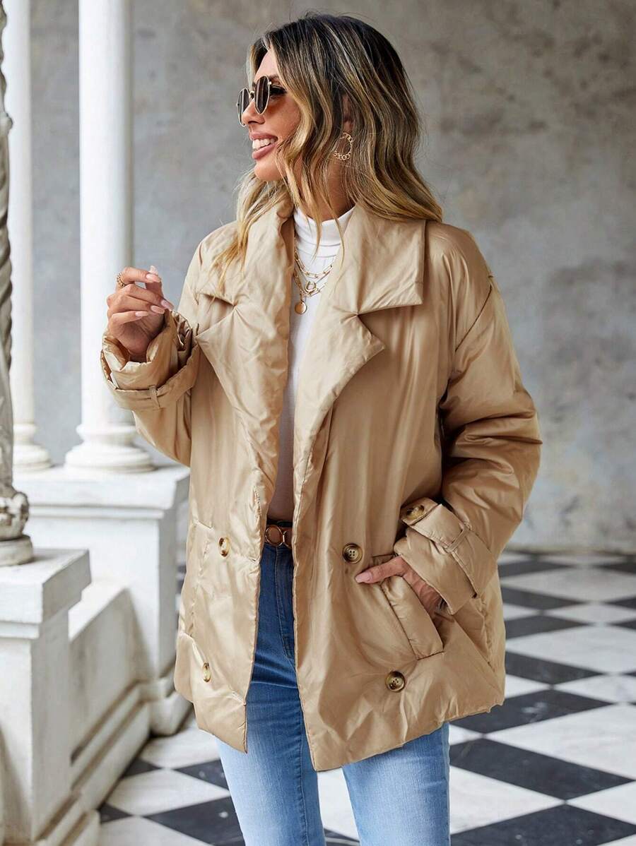 EURMUSE Drop Shoulder Double Breasted Winter Coat - Beige - View 1