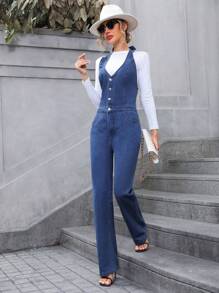 SHEIN Privé Button Front Denim Jumpsuit Without Tee - Blue - View 1