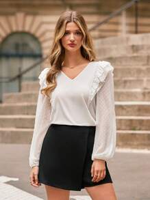 SHEIN Frenchy 圓點荷葉邊燈籠袖上衣 - 白色 - 查看 7