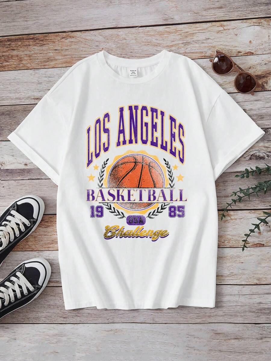 Camiseta de manga corta para adolescentes con impresión de letras de baloncesto, casual y sencilla, adecuada para el verano - Blanco - Ver 1