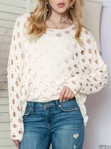 Hollow Out Batwing Sleeve Top Without Cami Top - Beige - View 8