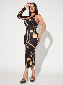 SHEIN SXY Vestido ajustado con estampado de cadena de cuello asimétrico - Multicolor - Ver 6