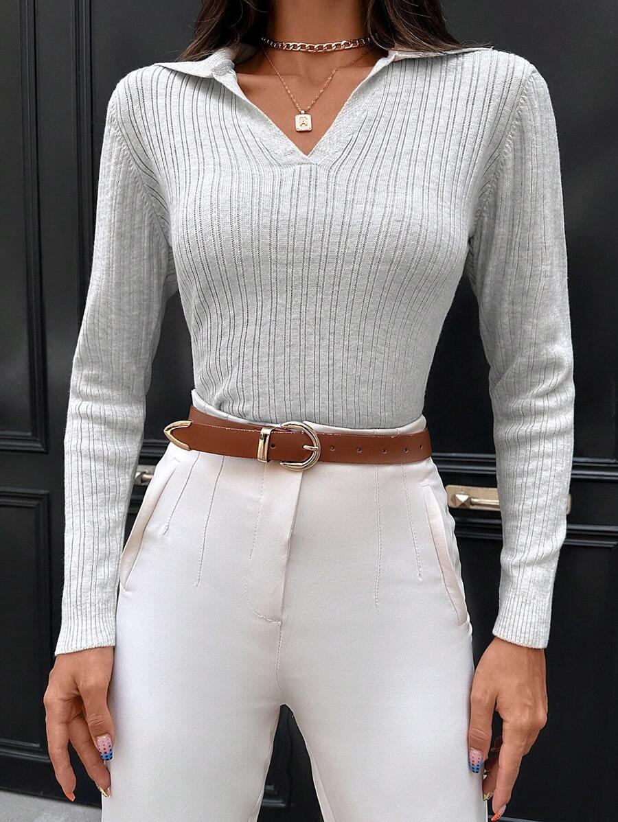 SHEIN Cottnline Solid Ribbed Knit Sweater - Beige - View 1