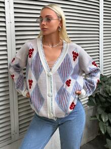 EURMUSE Argyle Pattern Drop Shoulder Button Front Cardigan - White - View 1