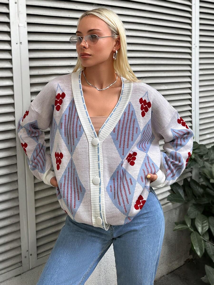 EURMUSE Argyle Pattern Drop Shoulder Button Front Cardigan - White - View 1