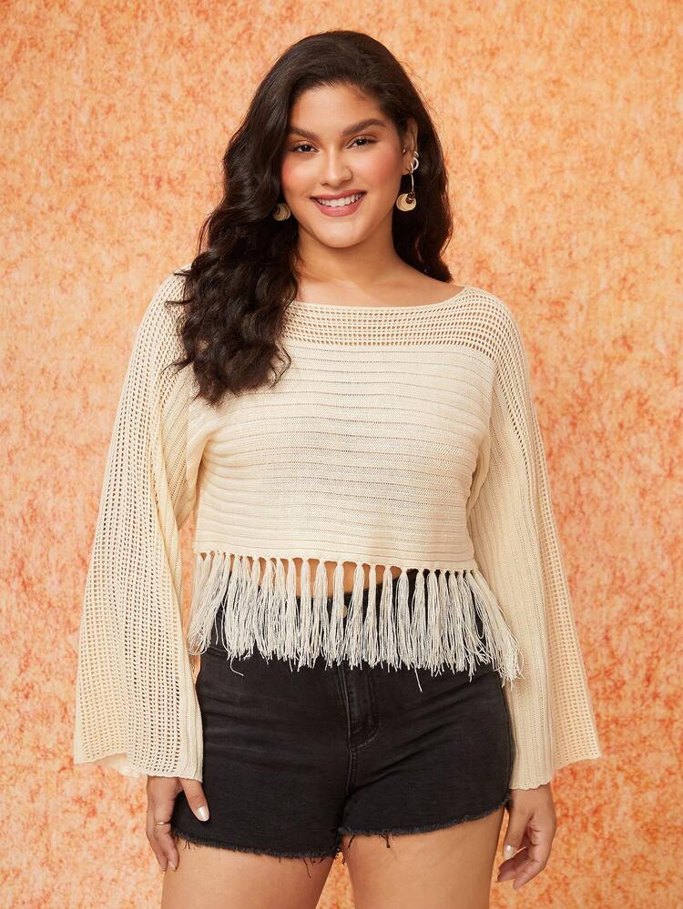 Plus Fringe Hem Pointelle Knit Sweater