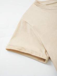 SHEIN EZwear 標語圖案T恤 - 卡其色 - 查看 3