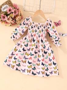 女童蝴蝶印花燈籠袖洋裝 - 粉色 - 查看 2